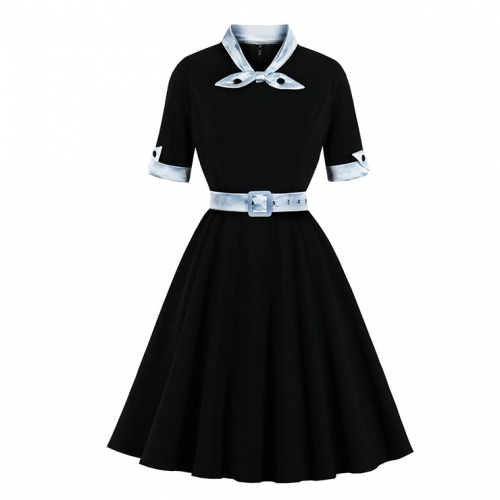 1950's Vintage Tie Collar Half Sleeve High Waist Belted A-line Party Midi Dress N20936