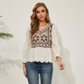 Retro Square Collar Long Lantern Sleeve Flowers Embroidery Hollow Lace Shirt N20930