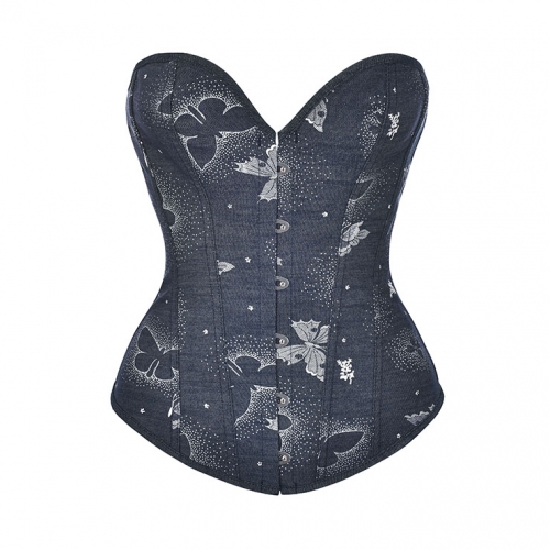 Retro Butterfly Print Busk Closure Plastic Boned Body Shaper Overbust Corset N20916