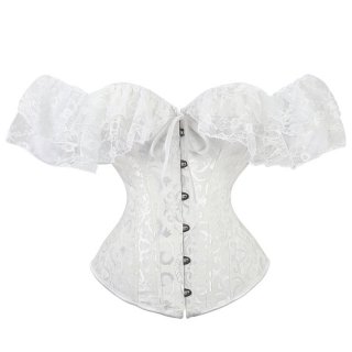 Sexy White Jacquard Off Shoulder Floral Lace Plastic Boned Overbust Corset N20910