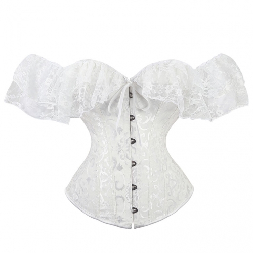 Sexy White Jacquard Off Shoulder Floral Lace Plastic Boned Overbust Corset N20910
