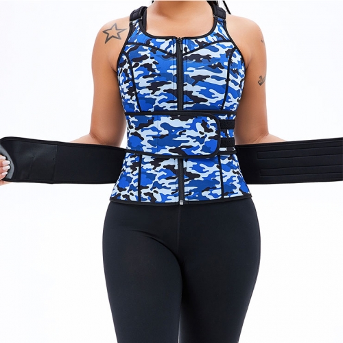 Sexy Camouflage-blue Neoprene Sports Waist Cincher Zipper Vest Corset With Belts N20897