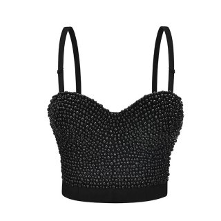 Women's Sexy Black Beaded B Cup Bustier Bra Clubwear Crop Top N20860