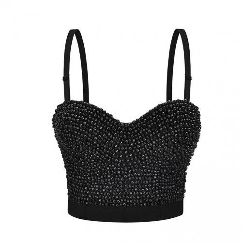 Women's Sexy Black Beaded B Cup Bustier Bra Clubwear Crop Top N20860