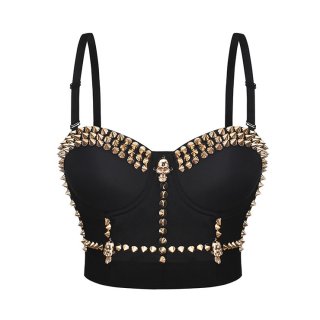 Sexy Black Spaghetti Straps Rivet Skull Bustier Bra Corset Clubwear Crop Top N20839