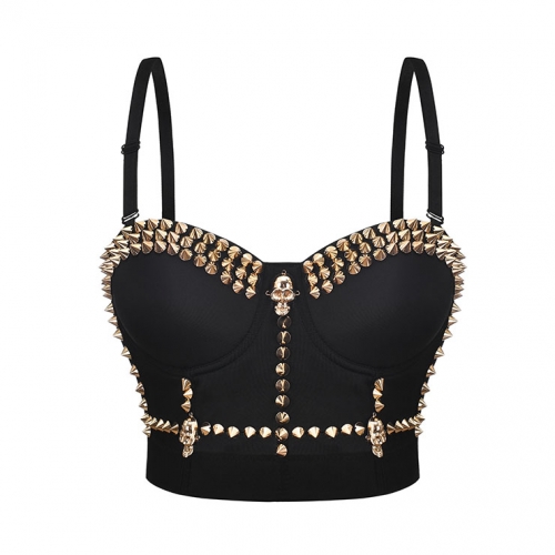 Sexy Black Spaghetti Straps Rivet Skull Bustier Bra Corset Clubwear Crop Top N20839