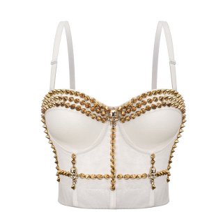 Sexy White Spaghetti Straps Rivet Skull Bustier Bra Corset Clubwear Crop Top N20838