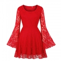 Sexy Gothic Style Solid Red Floral Lace Flared Sleeve High Waist Knee-length Dress N20827