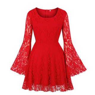 Sexy Gothic Style Solid Red Floral Lace Flared Sleeve High Waist Knee-length Dress N20827