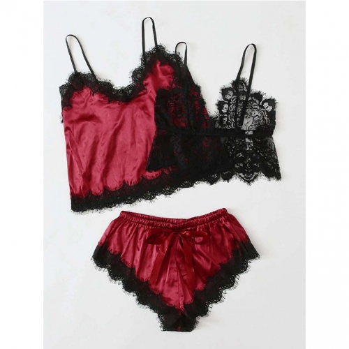 3Pcs Sexy Red-wine Satin Sling Lingerie And Panty Set Lace Pajamas Suit N20820