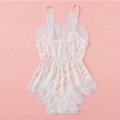 Sexy White Dots Print Spaghetti Straps Low-cut Lace Trim Bodysuit Teddy Lingerie N20813