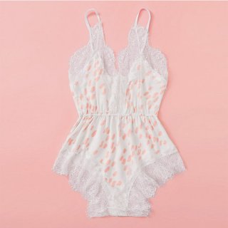 Sexy White Dots Print Spaghetti Straps Low-cut Lace Trim Bodysuit Teddy Lingerie N20813