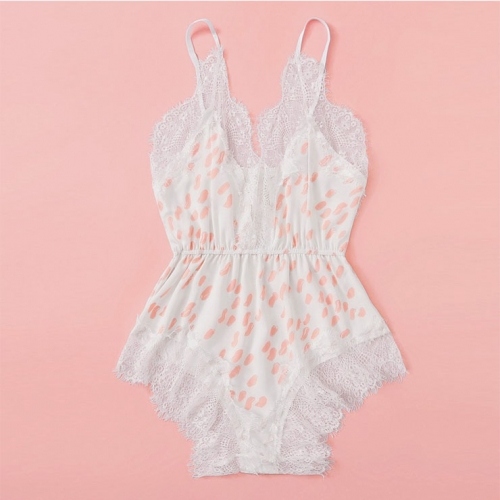 Sexy White Dots Print Spaghetti Straps Low-cut Lace Trim Bodysuit Teddy Lingerie N20813