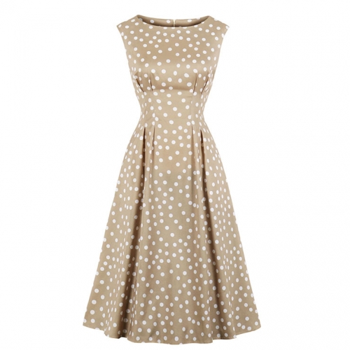 Sexy Khaki Round Neck Sleeveless Slim Waist Polka Dots Print Summer A-line Dress N20772