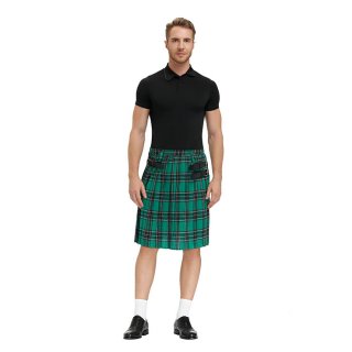 Men's Classic Green Plaid Pleated Skirt Scottish Holiday Mid Waist Tartan Utility Kilt N20768