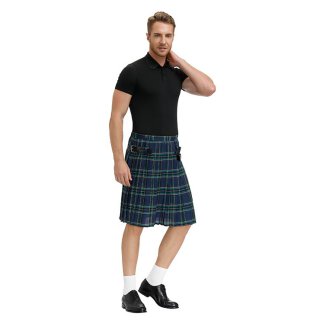 Men's Classic Blue Plaid Pleated Skirt Scottish Holiday Mid Waist Tartan Utility Kilt N20766