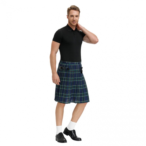 Men's Classic Blue Plaid Pleated Skirt Scottish Holiday Mid Waist Tartan Utility Kilt N20766