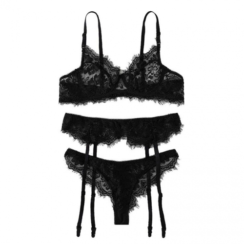 3Pcs Sexy Black Floral Lace Spaghetti Straps Triangle Bra Panty Lingerie Set With Garter N20760