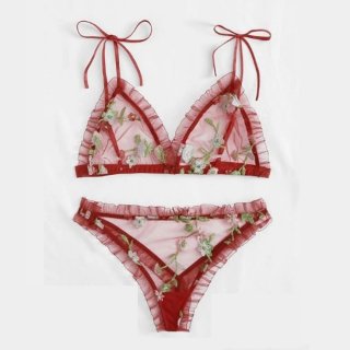 Sexy Red See-through Mesh Floral Embroidery Low Cut Triangle Bra And Panty Lingerie Set N20754