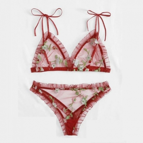 Sexy Red See-through Mesh Floral Embroidery Low Cut Triangle Bra And Panty Lingerie Set N20754