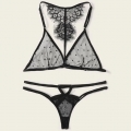 Sexy Black Sheer Mesh Polka Dots Halter Low Cut Back Lace Three-point Lingerie Set N20747