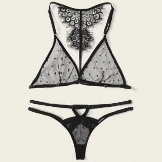 Sexy Black Sheer Mesh Polka Dots Halter Low Cut Back Lace Three-point Lingerie Set N20747