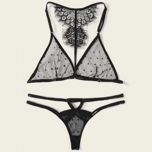 Sexy Black Sheer Mesh Polka Dots Halter Low Cut Back Lace Three-point Lingerie Set N20747