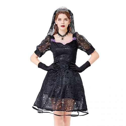 Gothic Vampire Black Multi-layered Lace Wedding Dress Adult Ghost Bride Costume N20738