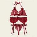3Pcs Sexy Red Sheer Floral Lace Halter Bowknot Bikini Lingerie Bra Thong Set With Garter N20715