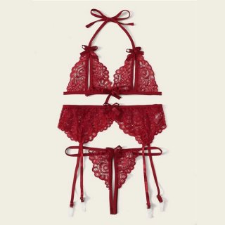 3Pcs Sexy Red Sheer Floral Lace Halter Bowknot Bikini Lingerie Bra Thong Set With Garter N20715