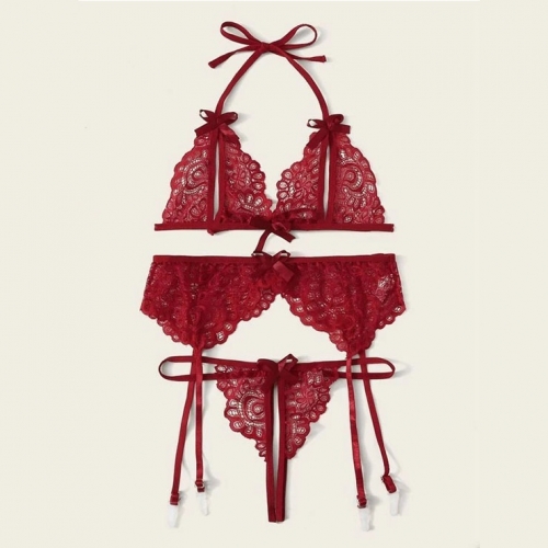 3Pcs Sexy Red Sheer Floral Lace Halter Bowknot Bikini Lingerie Bra Thong Set With Garter N20715