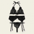 3Pcs Sexy Black Sheer Floral Lace Halter Bowknot Bikini Lingerie Bra Thong Set With Garter N20712