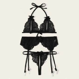 3Pcs Sexy Black Sheer Floral Lace Halter Bowknot Bikini Lingerie Bra Thong Set With Garter N20712