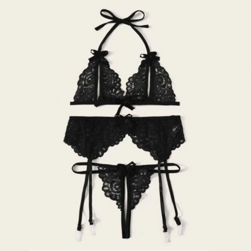 3Pcs Sexy Black Sheer Floral Lace Halter Bowknot Bikini Lingerie Bra Thong Set With Garter N20712