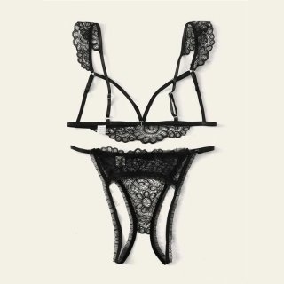 Sexy Floral Lace Spaghetti Straps Lingerie Cupless Bra And Crotchless Panty Set N20711