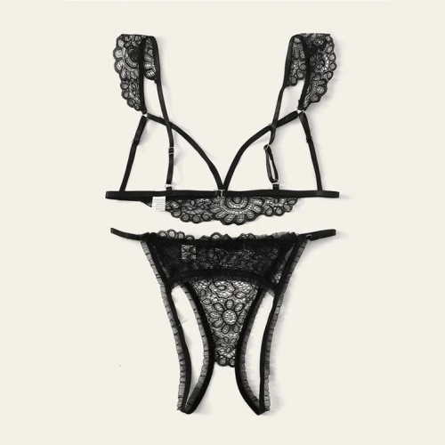 Sexy Floral Lace Spaghetti Straps Lingerie Cupless Bra And Crotchless Panty Set N20711