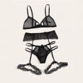 Sexy Sheer Mesh Polka Dots Spaghetti Straps 3 Piece Lingerie Bra Panty Set With Garter N20708