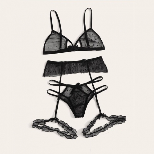 Sexy Sheer Mesh Polka Dots Spaghetti Straps 3 Piece Lingerie Bra Panty Set With Garter N20708
