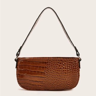 Women's Simplicity Light-brown Crocodile Pattern Shoulder Bag Zipper Underarm HandBag N20704