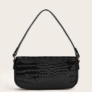 Women's Simplicity Black Classic Crocodile Pattern Shoulder Bag Zipper Underarm HandBag N20702