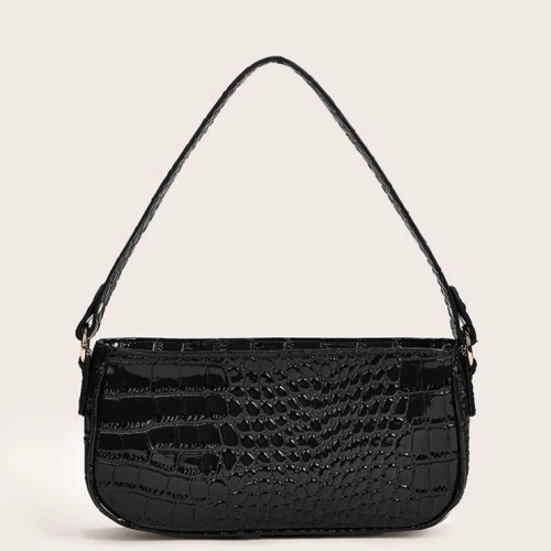 Women's Simplicity Black Classic Crocodile Pattern Shoulder Bag Zipper Underarm HandBag N20702