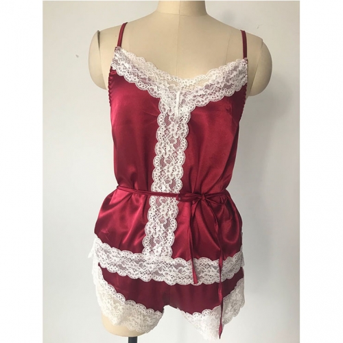 Sexy Wine-red Camisole and Panty White Lace Trims Lingerie Split Pajamas Set N20691