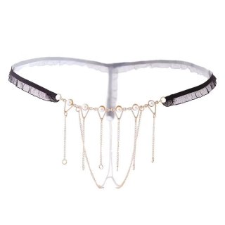 Sexy Black Elastic Lace Trim Thong Chain Tassel Underwear Bead Accessories G-string PT20669