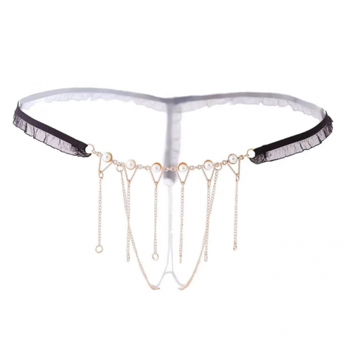 Sexy Black Elastic Lace Trim Thong Chain Tassel Underwear Bead Accessories G-string PT20669
