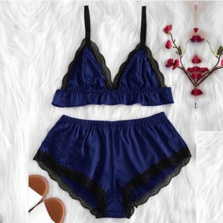 Sexy Blue Satin Spaghetti Strap Lace Trim Bra Top and Panty Lingerie Set N20662