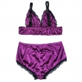 Sexy Purple Satin Spaghetti Strap Lace Trim Bra Top and Panty Lingerie Set N20661