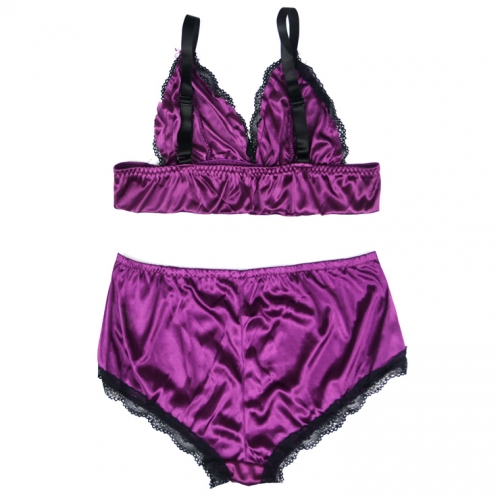 Sexy Purple Satin Spaghetti Strap Lace Trim Bra Top and Panty Lingerie Set N20661