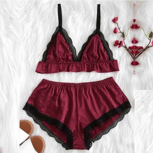 Sexy Wine-red Satin Spaghetti Strap Lace Trim Bra Top and Panty Lingerie Set N20659