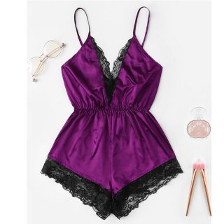 Sexy Purple Satin Lace Trim Spaghetti Strap Backless Bodysuit Teddy Lingerie N20650