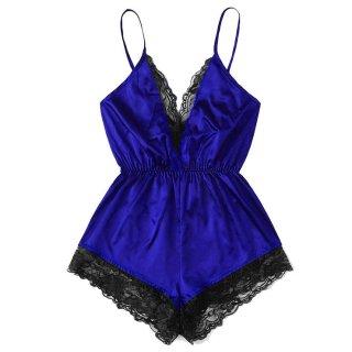 Sexy Royal-blue Satin Lace Trim Spaghetti Strap Backless Bodysuit Teddy Lingerie N20649